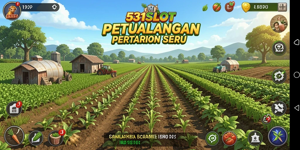 Screenshot dari gameplay <strong>531SLOT</strong> yang menampilkan ladang tanaman yang subur.