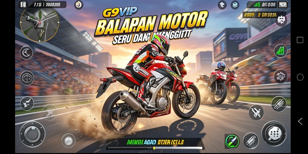 Gameplay seru G9VIP dengan variasi motor dan trek menantang.