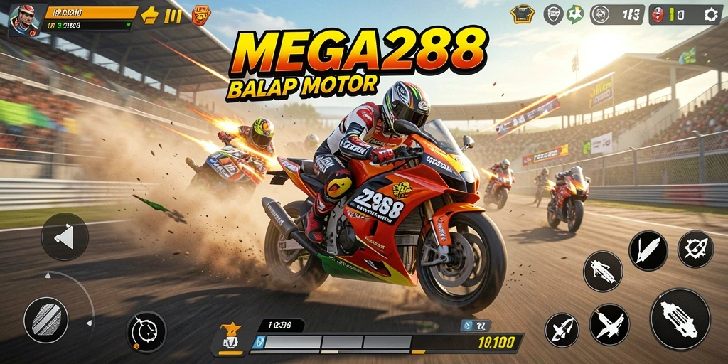 Screenshot MEGA288 menampilkan aksi balap motor yang mendebarkan.