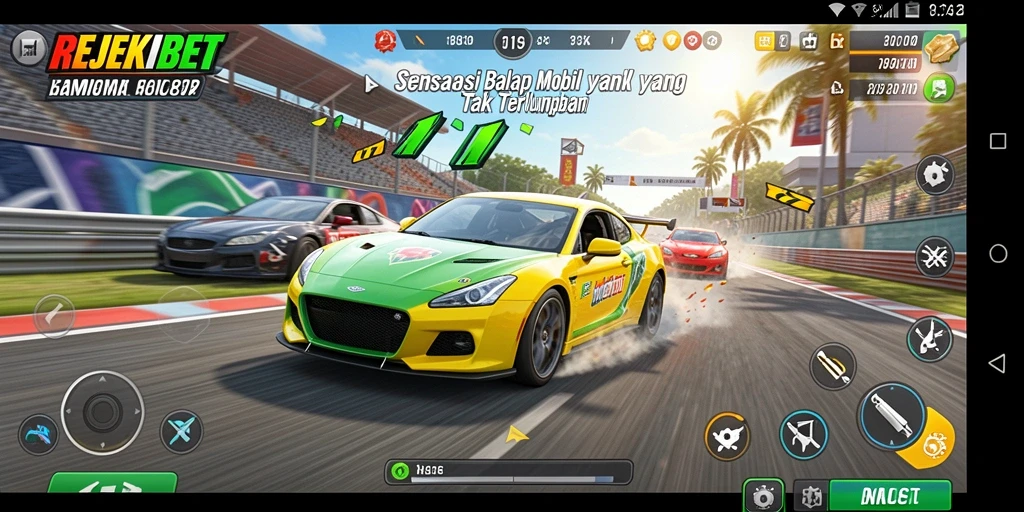 Menampilkan gameplay balap mobil yang mendebarkan di REJEKIBET.